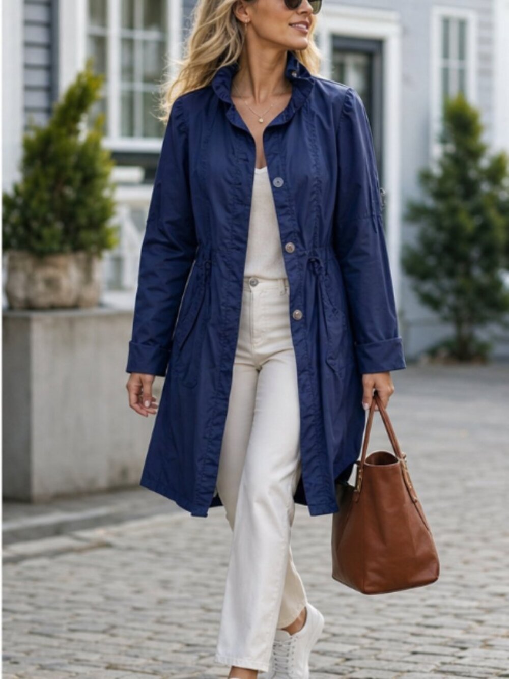 Navy Blue Ruffle Neck Bubble Hem Trench Coat Dress Jacket M - Picture 11 of 11